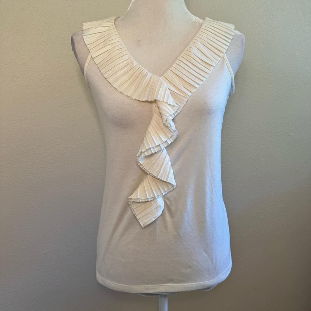Talbots Ivory Sleeveless Tank V-neck Tank Top With Accordion Ruffle Detail